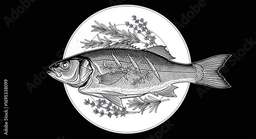 Detailed grayscale illustration of a plated fish adorned with sprigs of rosemary and other herbs