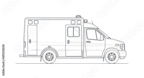 Detailed outline of an ambulance vehicle, side view presenting the typical shape