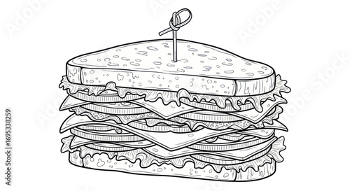 Detailed sandwich sketch with layers of ingredients and a decorative toothpick element