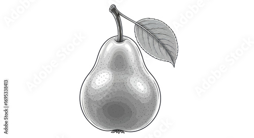 Elegant monochrome pear illustration with detailed shading and leaf accent rendering freshness