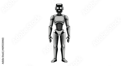 Futuristic sentinel standing guard with digital eyes glowing on a white backdrop