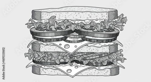 Illustration of a towering sandwich featuring multiple layers of fresh ingredients