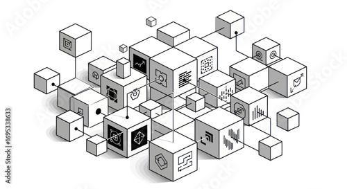 Interconnected digital blocks representing complex systems and data networking structures
