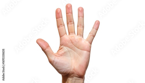 A light-skinned hand displays five fingers, extended in a gesture against a pure white background.