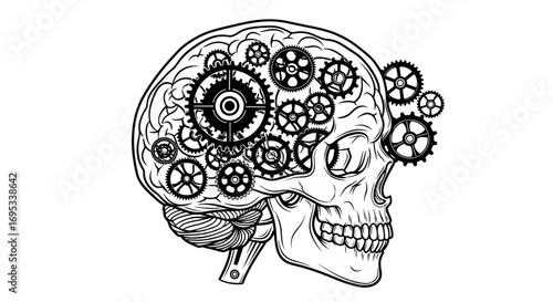 Intricate human brain mechanism illustration with gears,skull depicting intelligence