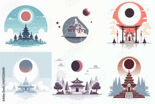 vector illustration set of temple moon background