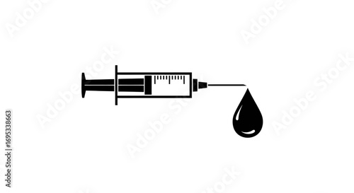 Medical syringe with a hanging droplet of dark liquid illustration for healthcare themes and