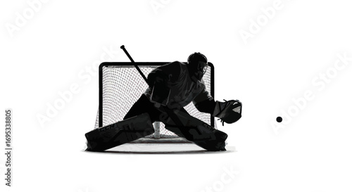 Monochrome action shot showcasing a hockey goalie poised to make a save in front of the net