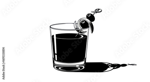 Monochrome cocktail drawing with olive garnish creates an alluring and sophisticated feel