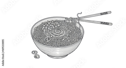 Monochrome culinary delight: A meticulously detailed noodle bowl with chopsticks presentation