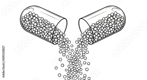 Monochrome depiction of a capsule with granules flowing out illustrating medication