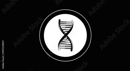Monochrome genetic representation featuring a stylized dna strand depiction centered on a black