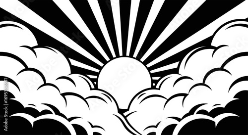 Monochrome graphic depicting sunrise or sunset with stylized clouds and rays