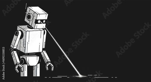 Monochrome illustration of a boxy robot emitting a beam of light in the dark void