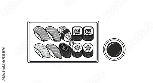Monochrome marvels minimalist sushi spread delectable japanese food vector illustration