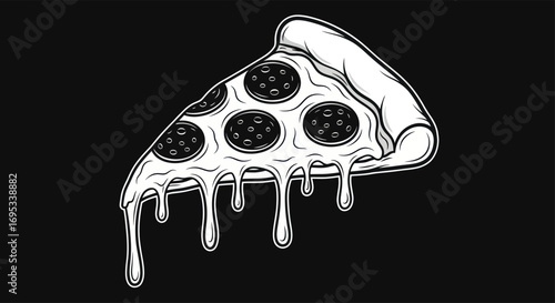 Monochrome pizza slice illustration with dripping cheese and pepperoni detail