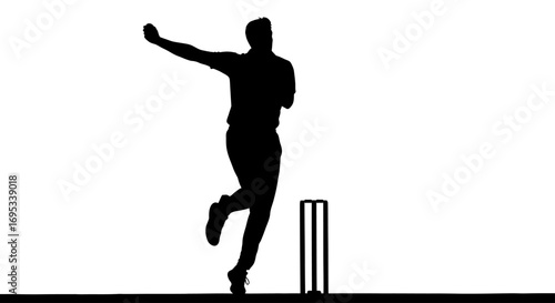 Silhouette of a focused cricket bowler in dynamic action preparing to deliver the ball at pitch