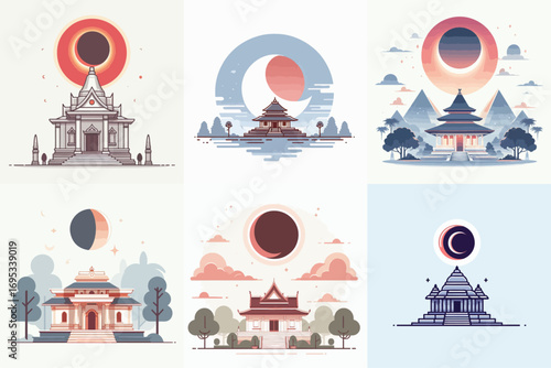 vector illustration set of temple moon background
