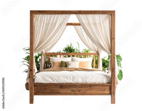 Cozy Four-Poster Bed with Sheer Drapes and Plush Bedding, Angled Side View PNG