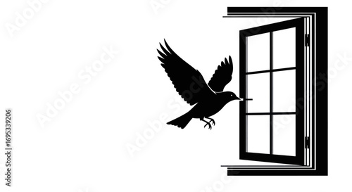 Silhouette of bird escaping from window symbolizing liberation and new beginnings