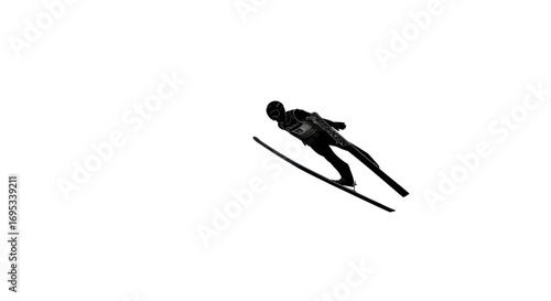 Silhouette of soaring ski jumper exhibiting athleticism against white backdrop creating visual power