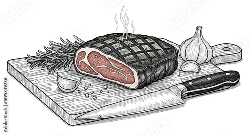 Sketch of succulent grilled beef steak served with fresh herbs and garlic on wood plank