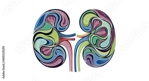 Stylized kidney illustration with vibrant colors and intricate swirling patterns symbolizing