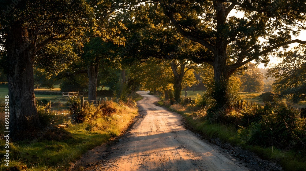 Obraz premium A sun-drenched dirt road winds through a verdant landscape, bathed in golden light.