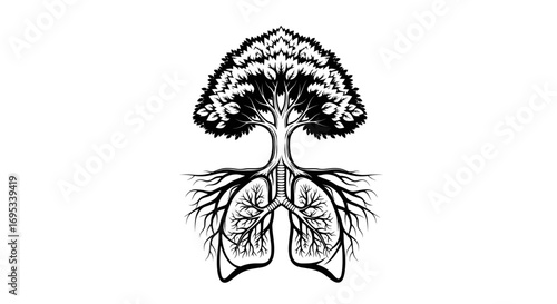 Tree of life metaphor showcasing lungs and foliage in stark black and white design