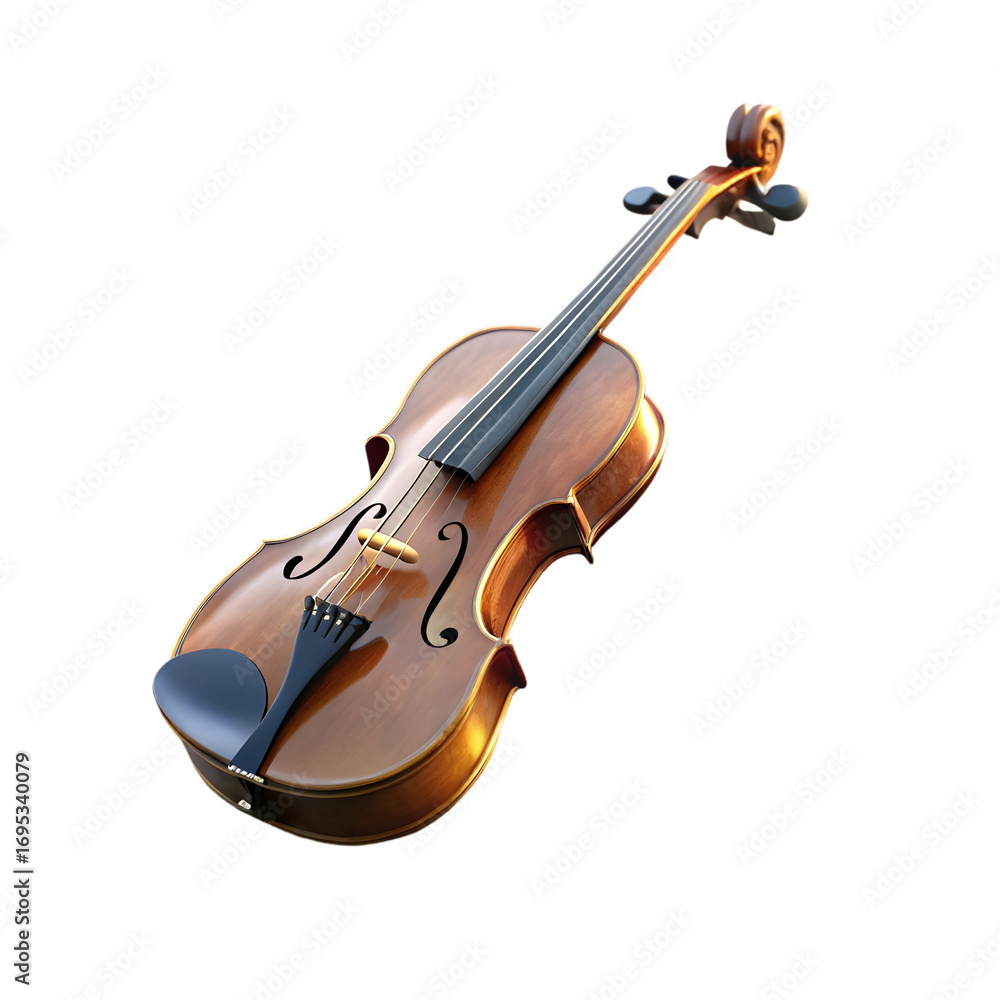 Fototapeta premium A Detailed 3D Render of a Wooden Violin with Strings and Bow musical instrument PNG isolated on transparent background