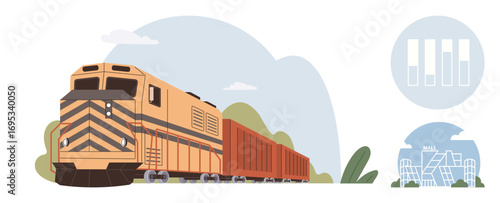 Freight locomotive pulling red cargo containers amidst nature with factory and data graph elements nearby. Ideal for logistics, transportation, economy, supply chain, data, technology, urban
