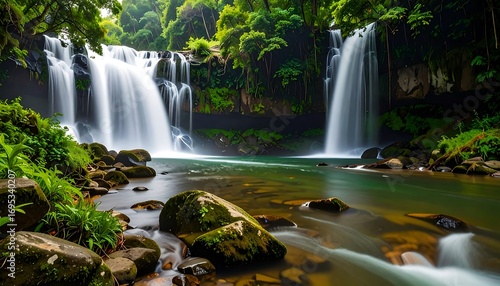 Lush waterfall cascading into a tranquil pool