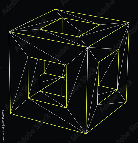 Wireframe graphic of a complex, hollow cube with nested rectangular voids on a black background