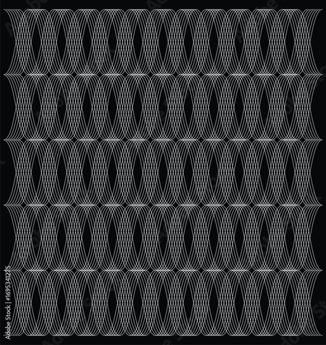 White and blue overlapping curved lines forming a repetitive wavy pattern on a black background.