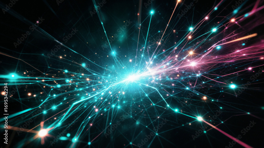 Fototapeta premium 화려한 빛과 에너지가 폭발하는 듯한 디지털 네트워크 추상 아트