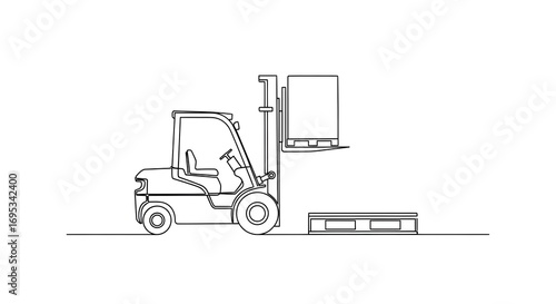 Line Art Illustration of a Forklift Lifting a Pallet with a Box in an Industrial Setting
