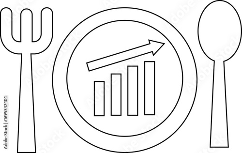 rising graph icon and plate, spoon and fork icon with white background