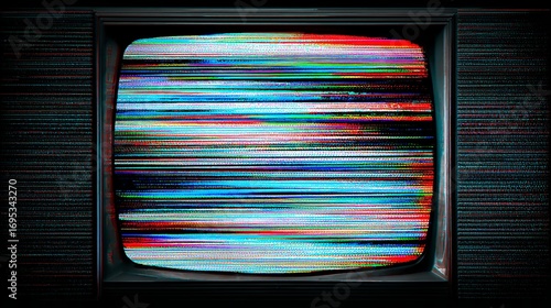 Vibrant retro television displays static noise, a nostalgic signal disruption with colorful horizontal lines, evoking vintage tech disruption.