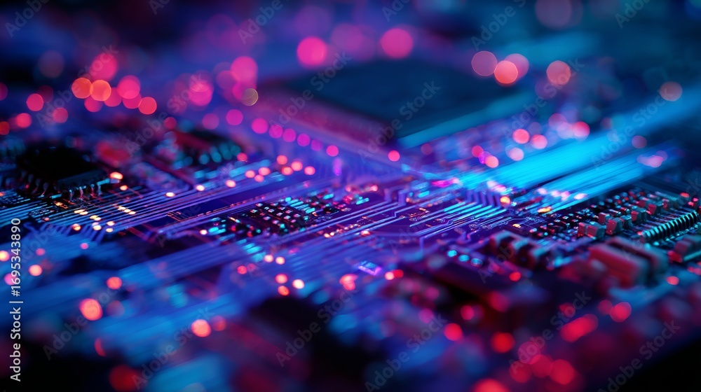 Fototapeta premium Vibrant digital circuit board glows with electric blue and neon pink energy, symbolizing innovation and advanced technology.