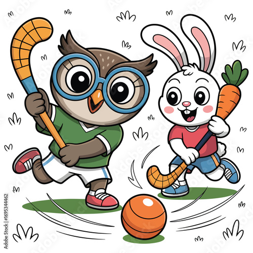 Adorable Owl and Bunny Playing Field Hockey