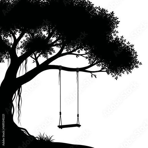 Silhouette of a tree with a swing isolated on white background