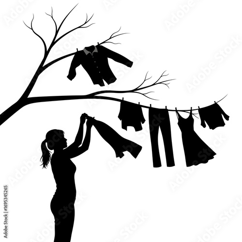Woman hanging clothes on a tree branch silhouette isolated on white background