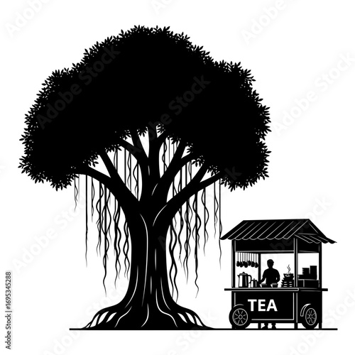 Banyan tree and tea stall silhouette isolated on white background