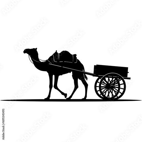 Camel pulling a cart silhouette isolated on white background