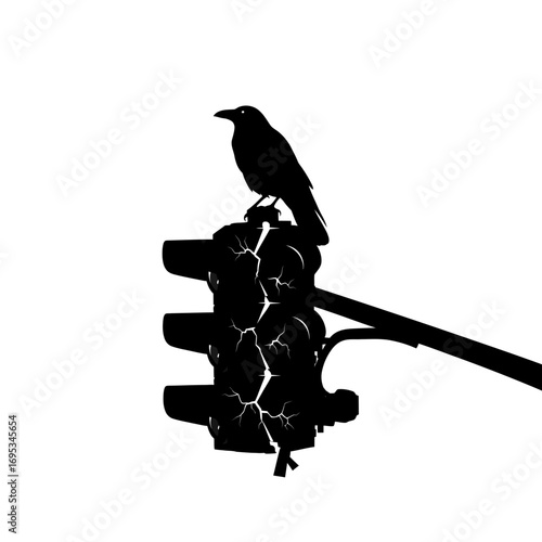 Crow perched on a broken traffic light silhouette isolated on white background