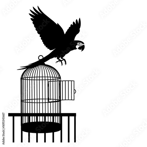 Parrot flying out of open bird cage silhouette isolated on white background