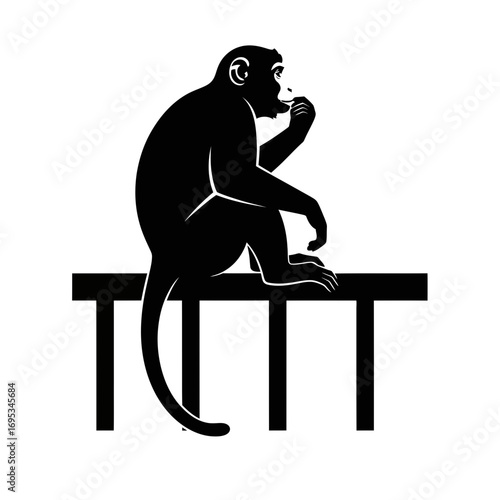 Monkey sitting on a bench silhouette isolated on white background