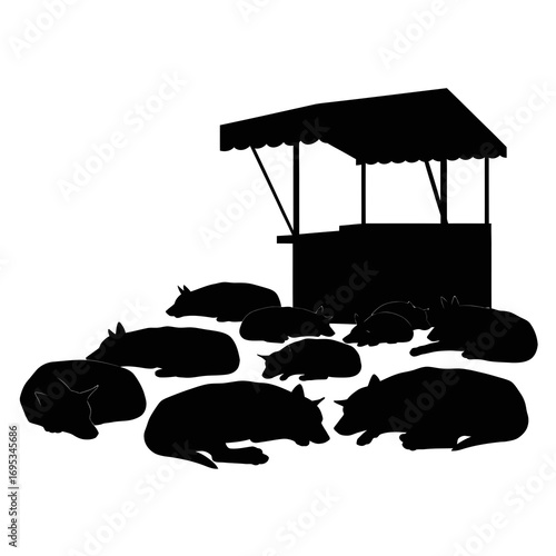 Group of pigs resting near a market stall silhouette isolated on white background