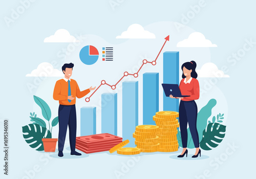 Vector art of two business people, a man and a woman, stand near a bar graph and stacks of coins and money, symbolizing financial growth and investment