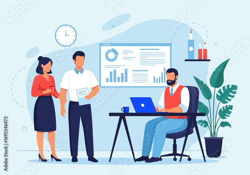 Vector art of business meeting in a modern office with a man working on a laptop and two colleagues discussing a report